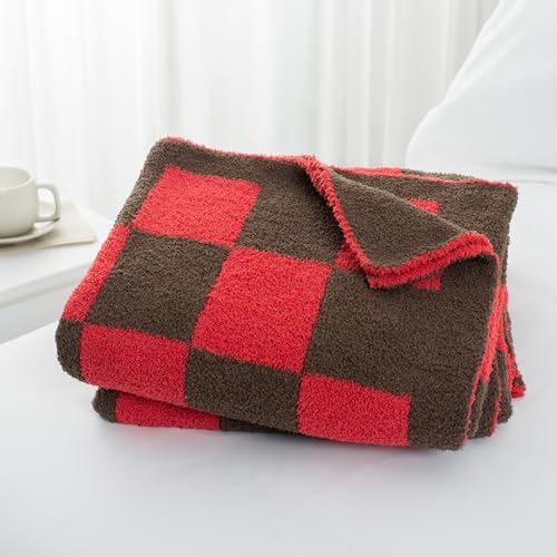 Carriediosa Checkered Throw Blanket 50" X 60", 400GSM Ultra Soft Microfiber Fuzzy Fluffy Reversible Cute Preppy Knitted Blankets Cozy Plush Fall Throws for Couch, Bed, Sofa, Red and Brown - color: Check - Red and Brown, size: 50" X 60"
