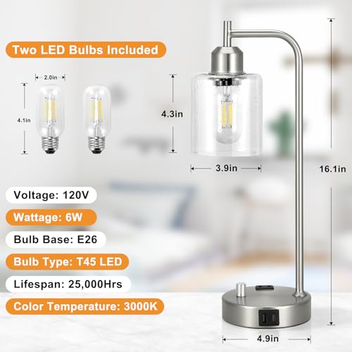 Industrial Table Lamps for Bedrooms Set of 2 - Fully Dimmable Bedside Lamps with USB A and C Ports and Outlet, Nickel Nightstand Lamps with Glass Shade for Living Room, Desk Lamps for Office Reading - color: Brushed Nickel