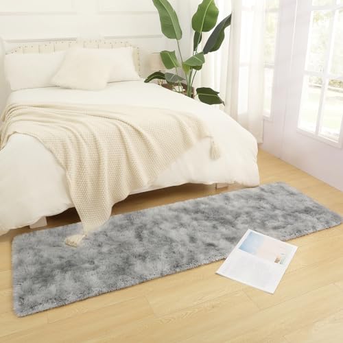 Tie-dye Runner Rug 2x6 Grey Rug Runner for Bedroom Kitchen Bedside Hallyway Entryway Super Soft and Fluffy Carpets Washable Kids and Pets Friendly - color: Grey and White, size: 2 x 6 feet