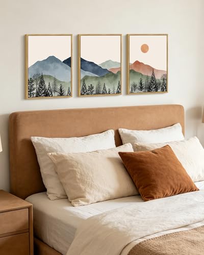 KUVIOKE Vintage Mountain Framed Wall Art Watercolor Nature Boho Sun Rise Paints Farmhouse Rustic Room Decor Ready to Hang 11x14in (Natural Framed) - color: Mountains and Forests, size: 11 x 14in x 3 Panels Natural