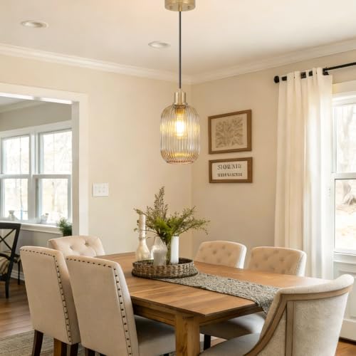 2 Pack Amber Cylinder Pendant Lights Kitchen Island with Ribbed Lampshade, Brushed Gold Hanging Light Fixture, Adjustable Pendant Lighting for Kitchen Island Sink Dining Room (Bulbs Not Included) - color: 2 Pack Brushed Gold + Amber Glass