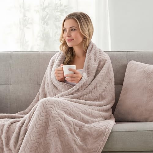 Exclusivo Mezcla Soft Fleece Blanket King Size, Cozy Lightweight Blankets with Decorative Wave Textured Suitable for All Season Use, Camel, 90x104 Inches - color: Camel, size: King ( 90x104 IN )
