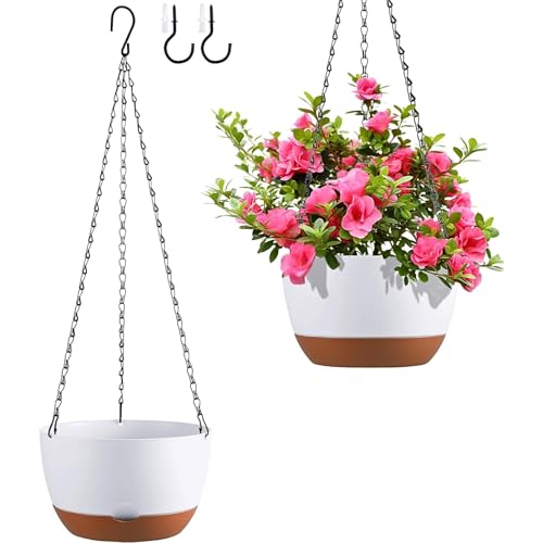 Set of 2 Hanging Planters for Indoor Outdoor Plants, 10 Inch Self-Watering Hanging Flower Pots with Drainage Hole & Removable Water-Storage Tray (Hooks) - color: White, size: 10 Inch (M)