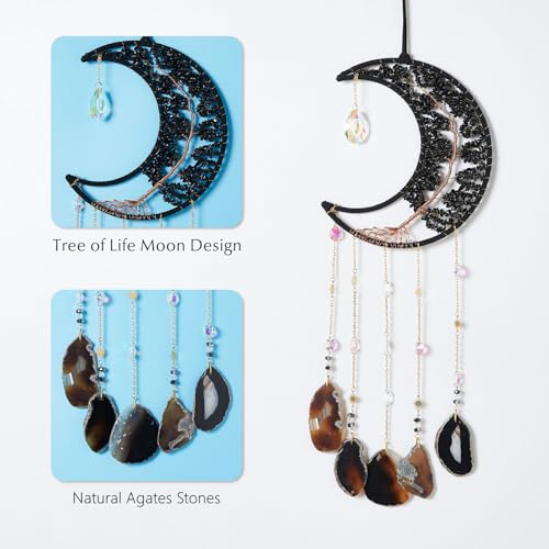 Agate Gemstone Big Dream Catcher 7 Chakra Tree of Life Dream Catcher with Crystal Stones Handmade Dreamcatcher Wall Decor for Adults Boys Girls,Bedroom,Garden,Bless Gift(Large Black Moon) - color: Large Black Moon Agate
