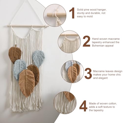 Macrame Leaves Tapestry Wall Decor- Bohemian Woven Tapestries Fall Leaves Wall Art, Large Boho Tassels Hanging Ornament Western Room Decor for Bedroom Living Room Dorm - color: Brown