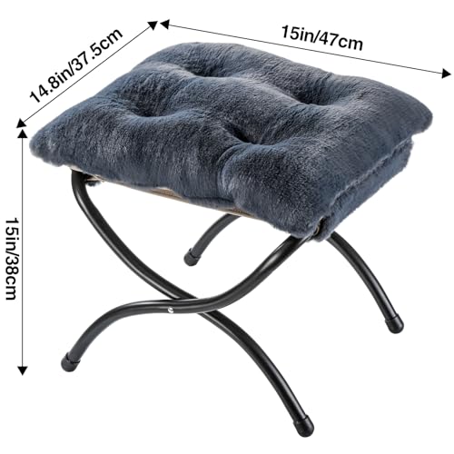 15" Foldable Foot Stool Ottoman with Metal Frame - Washable Faux Fur Navy Upholstered Indoor/Outdoor Footrest for Living Room, Bedroom, Patio - Space-Saving Compact Design - color: Fleece-navy