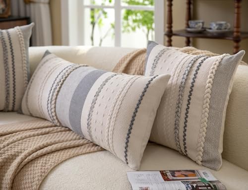 Cethom Boho Lumbar Pillow Covers 14x36 Inch Long, Grey Textured Decorative Couch Pillow Cases for Farmhouse Home Decor, Accent Cushion Cover for Sofa, Bed, Living Room, Bedroom, Pack of 1 - color: Grey, size: 36" x 14" (Pack of 1)