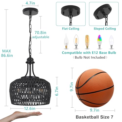 HMVPL Black Rattan Chandelier for Dining Room, 3-Light Boho Light Fixture with Woven Lampshade, Wicker Pendant Light Ceiling Hanging, Farmhouse Kitchen Chandelier for Bedroom Living Room Entryway - color: Black, size: 3-Lights (D)12.6 in