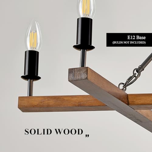 Rustic L53'' Wooden Square Chandelier 10-Light Farmhouse Unique Rectangular Candle Chandelier with White Light Socket for Living Dining Room Foyer Kitchen Bedroom High Ceiling, E12 - color: Walnut, size: 53 inches