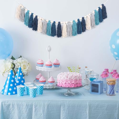 GIAUMA Navy Blue Yarn Tassel Garland with Wood Beads Boho Coastal Wall Hanging Tassels Bunting Banner for Nursery Classroom Kids Room Bedroom Baby Shower Birthday Party Dorm Office Wedding Decor - color: Blue
