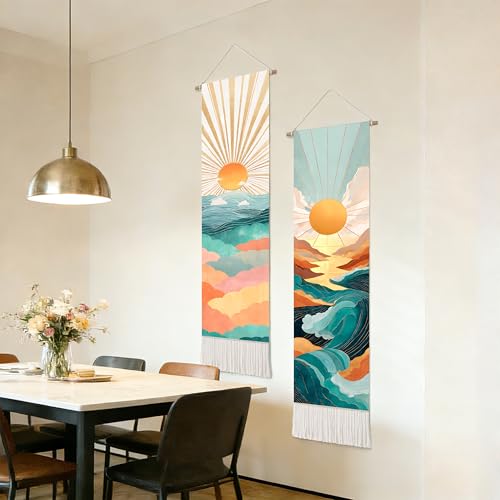 seewan 2 Pack Long Vertical Wall Tapestry, Boho Nature Landscape & Floral Aesthetic Wall Hanging for Bedroom Living Room Home Decor, Long Narrow Art Tapestry with Sunrise Mountain Botanical Designs, 13" × 51" (Geometric Sunset Waves, 13"Wx51"H, Unframed)