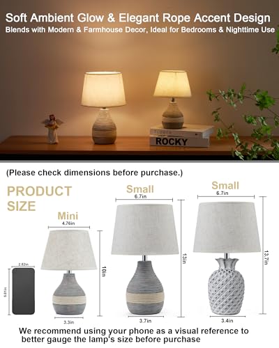UMEXUS 13” Small Ceramic Cordless Table Lamp with Timer, Dimmer, Linen Shade, Remote Control, Rechargeable Battery Light for Patio Nightstand Kitchen Counter Living Room Side Table, Bulb Included - size: Small-13"H-Rope accent design