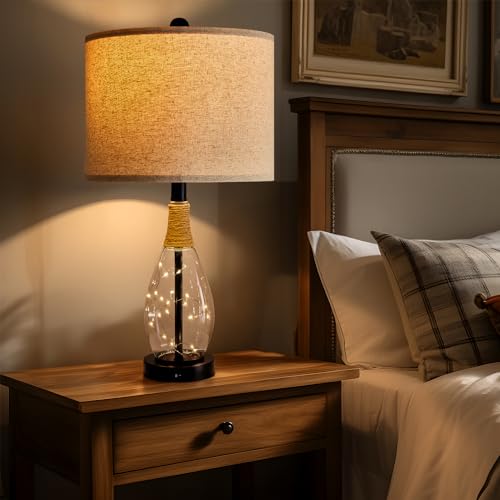 OYEARS Bedside Table Lamp with USB, 23‘’ Black Modern Nightstand Lamps for Bedroom, Retro Rattan Table Lamps for Night Stands, Living Room, Farmhouse Table Lamp with Glass Nightlight Lamps - color: Black