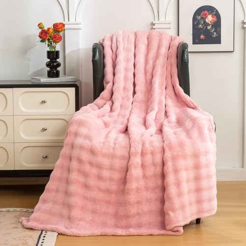 YUSOKI 3D Fleece Bubble Throw Blanket | 380GSM Ultra Soft Fluffy Plush | Non-Shedding Lightweight Cozy Blanket for Couch Sofa Bed | All Season(Light Pink,50 * 60inches) - color: Light Pink, size: Throw(50" x60")