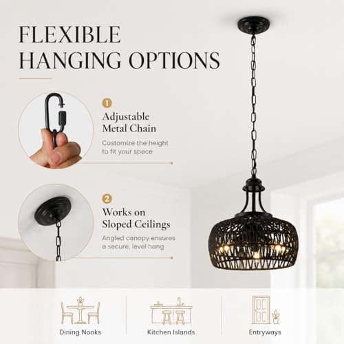 Farmhouse Chandeliers for Dining Room, 3-Light Rustic Ceiling Fixture with Twine Making Lampshade, Adjustable Height Chandelier for Bedroom, Kitchen, Bedroom (Balck) - color: Black, size: 3-Lights 12.6 in