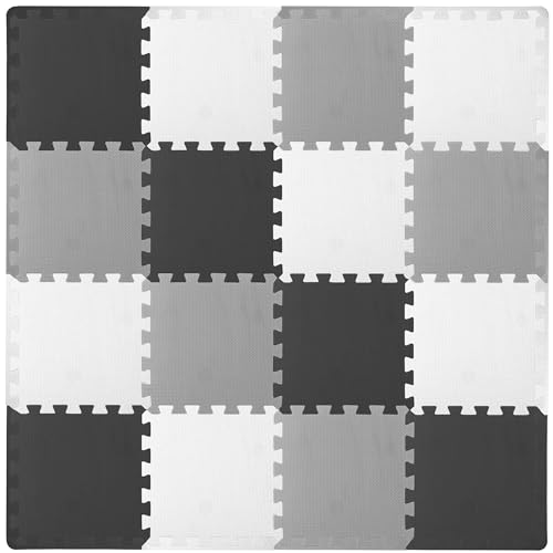 ProSource Baby Play Mat, Soft Foam Floor Tiles for Kids, Interlocking EVA Panels for Playpen Use, Crawling Development Surface, Safe Non-Toxic Toddler Flooring, 16 Tiles, Black/Gray/White - color: Black/Gray/White, size: 16 Tiles