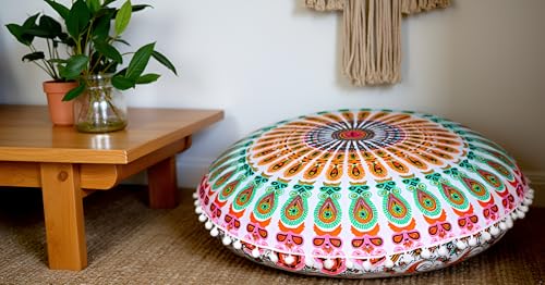 CRAFT KALA 32" in Round Mandala Floor Pillow Cushion Cover Seating Throw Cover Hippie Decorative Bohemian Ottoman Poufs Pillow Cover Cases Boho Cotton Living Yoga Home Décor Room (Mustard Mirchi) - color: Mustard Mirchi