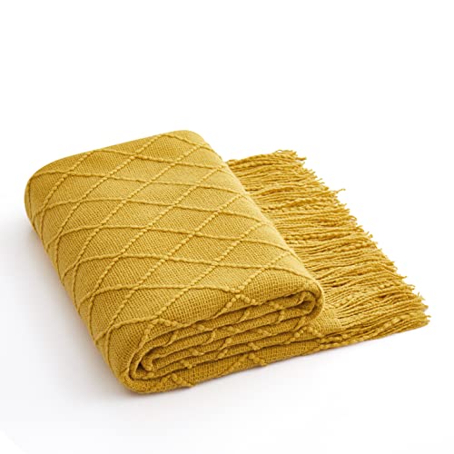 Acrylic Knitted Throw Blanket, Lightweight and Soft Cozy Decorative Woven Blanket with Tassels for Couch, Bed, Sofa, Travel, Suitable for All Seasons, 50 x 60 Inches, Mustard Yellow - color: Mustard Yellow