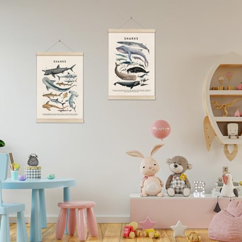 DOI-LANEE Shark Poster Hanger Frame, Set of 2 Shark Canvas Wall Art 16x12 Inch, Kids Educational & Learning Posters, Ocean Room, Sea Animal Decor for Playroom Classroom, Ocean Animals Wall Decor - color: Off-White04