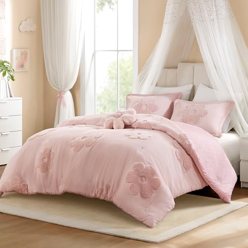 Intelligent Design Kids Queen Comforter Set for Girls, Tufted Chenille Floral Comforter Set Queen, Lightweight Polka Dot Comforter Reversible Bed Set, Sham, Pillow, Gracie, Full/Queen Pink 4 Piece - color: Pink, size: F/Q Comforter