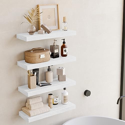 Fixwal White Shelves for Wall, 15.7in Rustic Wood Finish Floating Wall Shelves Set of 4, Shelves for Wall Decor, with Invisible Brackets for Bathroom, Living Room,Bedroom and Kitchen - color: White, size: 15.7in