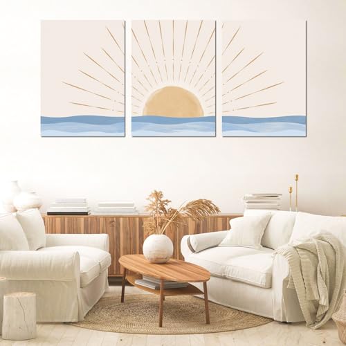 Boho Minimalist Wall Art Set of 3, Framed Canvas Prints - Geometric Line Sunrise Designs, Modern Neutral Wall Art for Living Room, Bedroom, Bathroom, Office, Hotel - size: 16x24Inchx3pcs-Framed