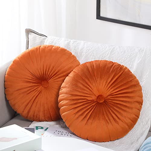 Namalu 2 Pcs Round Throw Pillow 13.8 Inch Decorative Round Velvet Floor Pillows Pumpkin Throw Pillows with Center Button for Thanksgiving Home Decor Living Room Sofa Couch Bed Chair (Burnt Orange) - color: Orange