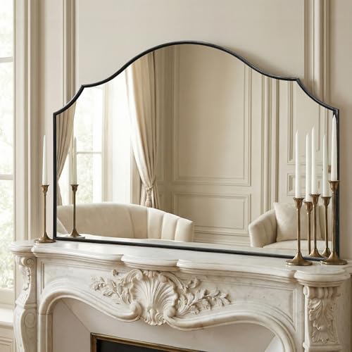 Besdomus Large Scalloped Black Mirror: 47"x31" Modern Minimalist Wood Frame Wall Mirror - Decorative Arched Fireplace for Bedroom/Bathroom/Dresser/Entryway/Mantle/Living Room - Stylish Home Decor - color: Black, size: 31"L x 47"W