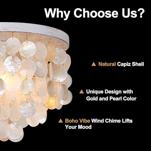 Capiz Shell Chandelier Ceiling Light, 3 Light Flush Mount Light for Bedroom, Hallway, Entryway,Bathroom，Nursey，Girls‘ Room，Vintage White with Gold Shells - size: 13 inch