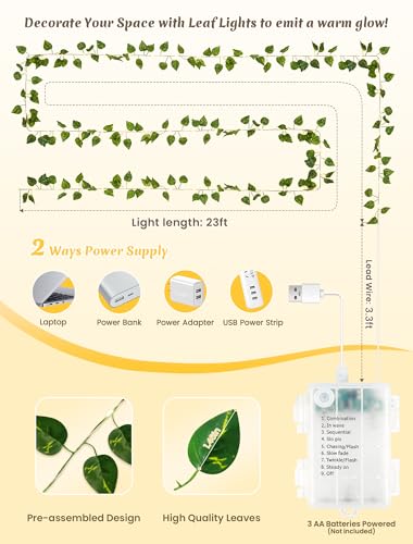YOUNGAR Pothos Vines with Fairy Lights,Battery/USB Operated Leaf String Warm White Lights,23FT 73LED vine lights with Remote for Bedroom Garland Wedding Birthday Garden Party Wall Room Headboard Decor - color: Pothos (Warm White), size: 73 LED-USB/Battery