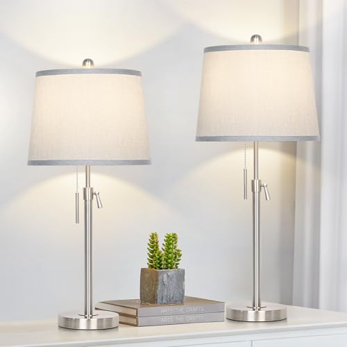 JUNNAI Table Lamps Set of 2, Bedside Lamp Silver Tall Table Lamps for Living Room End Tables, 22" to 30" Adjustable Height Lamp for Bedroom Nightstand Farmhouse with Pull Chain(Bulbs Included) - color: Silver+Gray Shade Set of 2