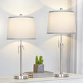 JUNNAI Table Lamps Set of 2, Bedside Lamp Silver Tall Table Lamps for Living Room End Tables, 22" to 30" Adjustable Height Lamp for Bedroom Nightstand Farmhouse with Pull Chain(Bulbs Included) - color: Silver+Gray Shade Set of 2