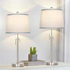 JUNNAI Table Lamps Set of 2, Bedside Lamp Silver Tall Table Lamps for Living Room End Tables, 22" to 30" Adjustable Height Lamp for Bedroom Nightstand Farmhouse with Pull Chain(Bulbs Included) - color: Silver+Gray Shade Set of 2