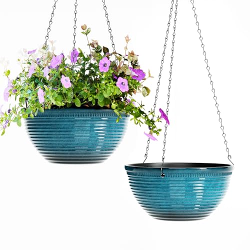Vanslogreen 2 Pack Hanging Planters for Indoor Outdoor Plants, 10 Inch Hanging Planter with Drainage Hole & Plug Glazed Hanging Baskets Flower Pots for Garden Home (Blue) - color: Blue, size: 10inch