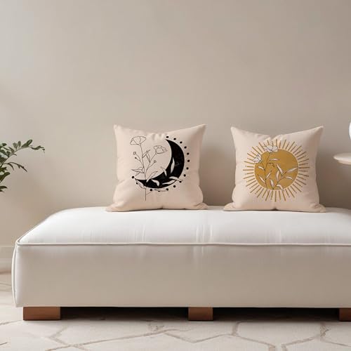 Boho Floral Plant Pillow Covers 18x18 Set of 2, Abstract Boho Throw Pillow Covers, Sun and Moon Decorative Pillow Covers for Couches and Sofas, Line Plant Pillow Cases, Sunshine Room Decor - color: Sunandmoon-04