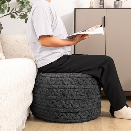 Round Plush Ottoman Pouf Stuffed– Fluffy Ottoman Foot Rest with Modern Foam Filler 20" x 14" Cozy Floor Pouf for Living Room & Bedroom (Gray) - color: Grey