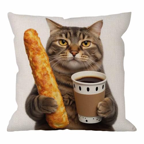 HGOD DESIGNS Funny Cat Throw Pillow Cover,The Cat is Holding A Cup of Black Coffee and A Baguette Decorative Couch Sofa Bedroom Burlap Pillow Cases for Men/Women Room 18x18 Inch - color: Color A03