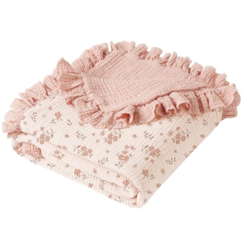 Konssy Flounce Muslin Baby Blanket for Girls Boys, 100% Cotton Soft Crib Swaddle Blankets, Reversible & Breathable Nursery Bedding for Newborns Toddlers, 43 x 39 Inches (Blossom) - color: Blossom, size: 43"x39"