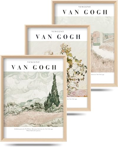 HesenDot Van Gogh High Framed Wall Art Set of 3, 12x16in Neutral Floral Canvas Prints, Abstract Landscape Artwork for Living Room Bedroom Gallery Office Home Décor - color: Framed Van Gogh Nature Set, size: 16"L x 12"W