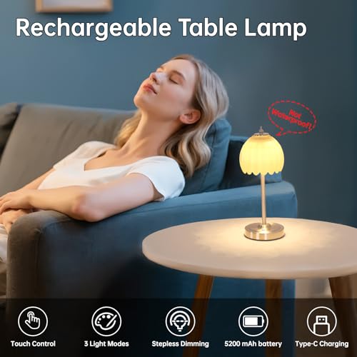 Shenmoyl Tulip Table Lamp with 5200mAh Battery & Touch Control, Cordless Small Table Lamp with 3 Colors, Dimmable Rechargeable Table Lamps for Living Room, Bedroom, Desk, Bedside (Creamy Yellow Tulip) - color: Creamy Yellow, size: 1 Pack