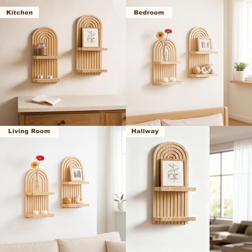 Artilady 2 Pack Floating Shelves for Wall Decor Boho Wood Hanging Shelf Plant Holder 2-Tier Trinket Storage Rack Rainbow Arch Home Decor for Bedroom Living Room Office Apartment - color: 2 Burlywood