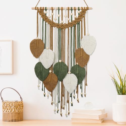 Weldomcor Macrame Wall Hanging Boho Leaf Woven Tapestry, Bohemian Chic Home Decor Modern Handmade Leaves Feather Wall Art Decorations for Bedroom Living Room Apartment Ornament 16.5"W X 31.5"L (Brown) - color: Brown