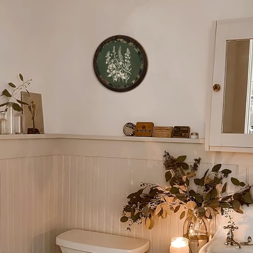 PeakClub Vintage Floral Wall Art, Green Botanical Round Wooden Print Hanging Decor for Kitchen Bathroom Home Bedroom, Cottage Antique Floral Decor 10x10 Inch - color: Floral - Vintage Green
