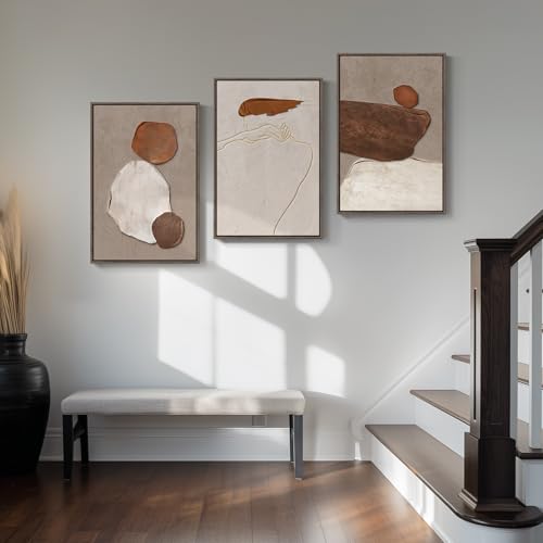 Framed Neutral Abstract Wall Art, 3 Piece Earth Tones Rustic Canvas Prints Paintings Artwork for Walls, Minimalist Abstract Stone Pictures for Living Room Dining Room Bedroom Wall Decor 16x24 Inch - color: Earthy, size: 16" W x 24" H x 3pcs