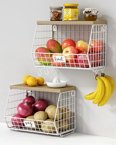 Goozii White Fruit Storage Basket for Kitchen Counter Set of 2, Wall Mount Wire Fruit Basket with Shelf with Banana Hanger, Hanging Countertop Organizer for Bathroom Pantry Cabinet, White + Natural - color: White + Natural Wood