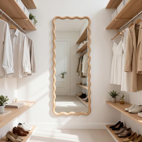 sawsile Large Full Length Mirror,18x48 inch Wood Asymmetrical Bathroom Modern Rectangle Wave Vanity Farmhouse Full Body Mirrors for Bedroom Living Room Entryway Hallway Fireplace - size: 48"L x 18"W