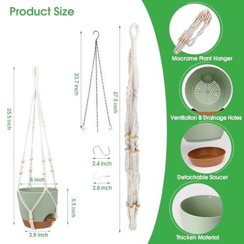 Vanslogreen Hanging Planters for Indoor Outdoor Plants, 2 Pack Self Watering Hanging Pots, Hanging Plant Baskets with Drainage Holes & 2 Types of Plant Hangers (Green, 6'') - color: Green+black, size: 6''