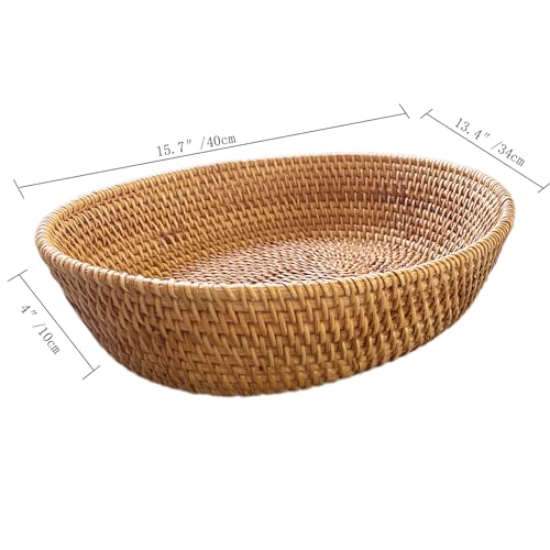 16Inch Tabletop Oval Rattan Fruit Serving Tray with 4" High Wall, Natural Brown Trapezoid Wicker Tray for Countertop,Woven Vanity Bowl Key Holder for Home Decor - color: Brown(15.7"x13.4x4")