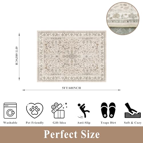 4x5 Washable Kitchen Entryway Rug – Non-Slip Soft Low Pile Indoor Carpet for Bathroom Living Room Bedroom – Boho Floral Small Throw Area Rug (Beige,4x5) - color: Beige, size: 4' x 5' (Rectangular)
