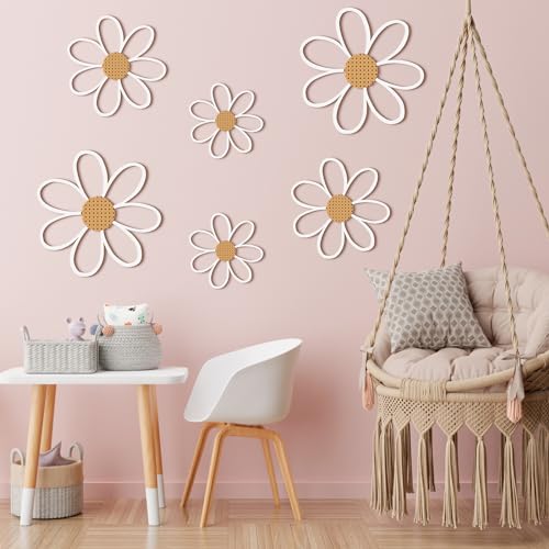 Thyle 6 Pcs Daisy Wall Decor Wooden Daisy Wall Sculptures Art Flowers Signs Hanging Plaque for Home Nursery Bedroom Farmhouse Bathroom Decorations Housewarming Gifts (White) - color: White